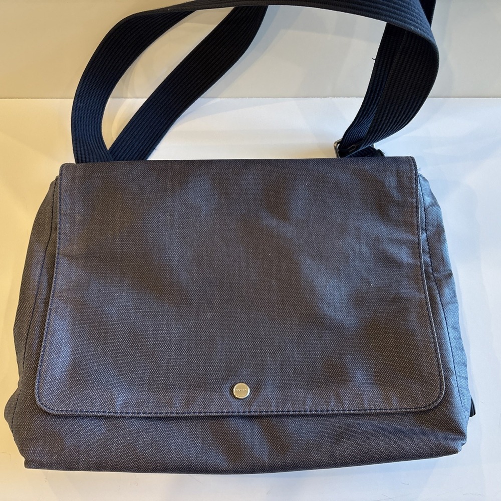 Skagen Eric Messenger Bag Heathered Navy Nylon‎ Leather Trim Large Zippers